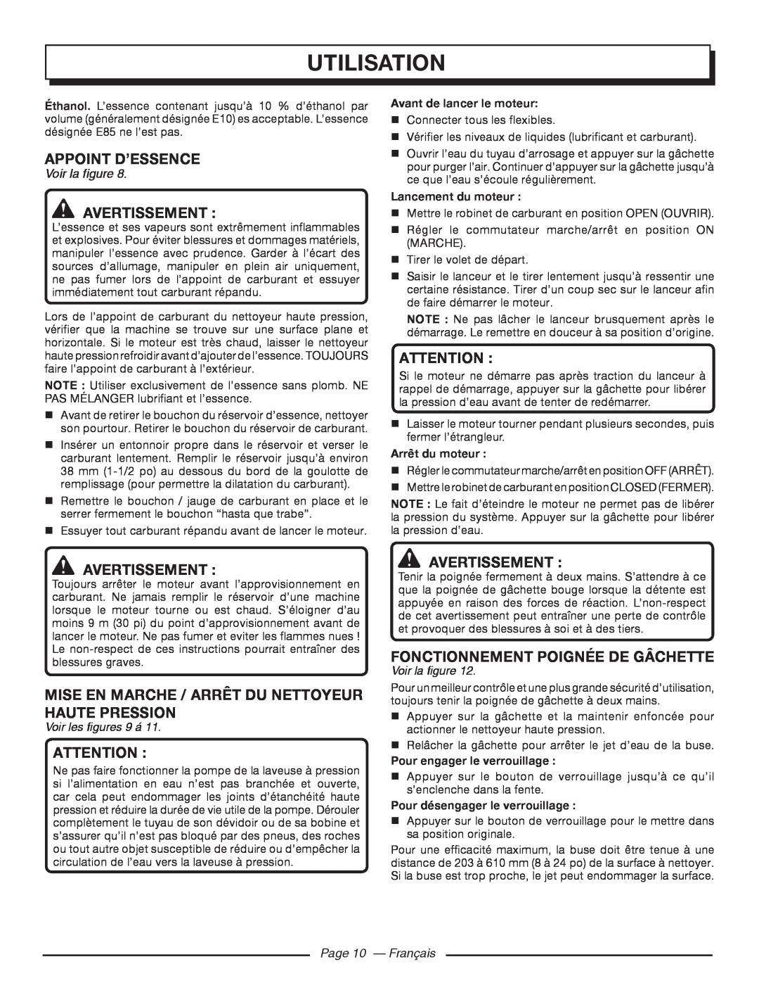 Homelite UT80993 Utilisation, Appoint D’Essence, Avertissement , Attention , Fonctionnement Poignée De Gâchette 