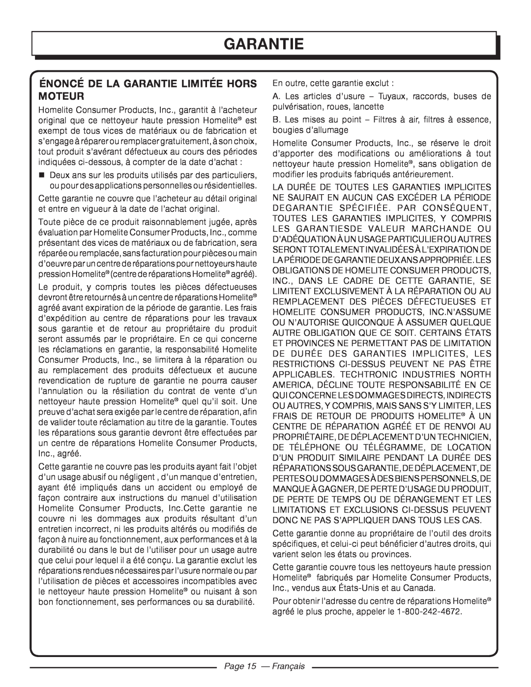 Homelite UT80993 manuel dutilisation Énoncé De La Garantie Limitée Hors Moteur, Page 15 - Français 