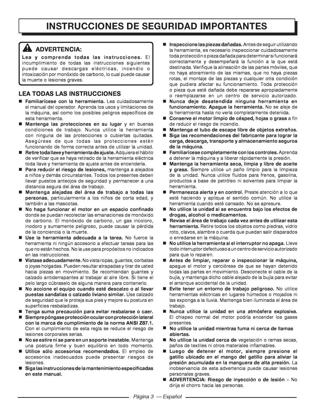 Homelite UT80993 Instrucciones De Seguridad Importantes, Advertencia, Lea Todas Las Instrucciones, Página 3 - Español 