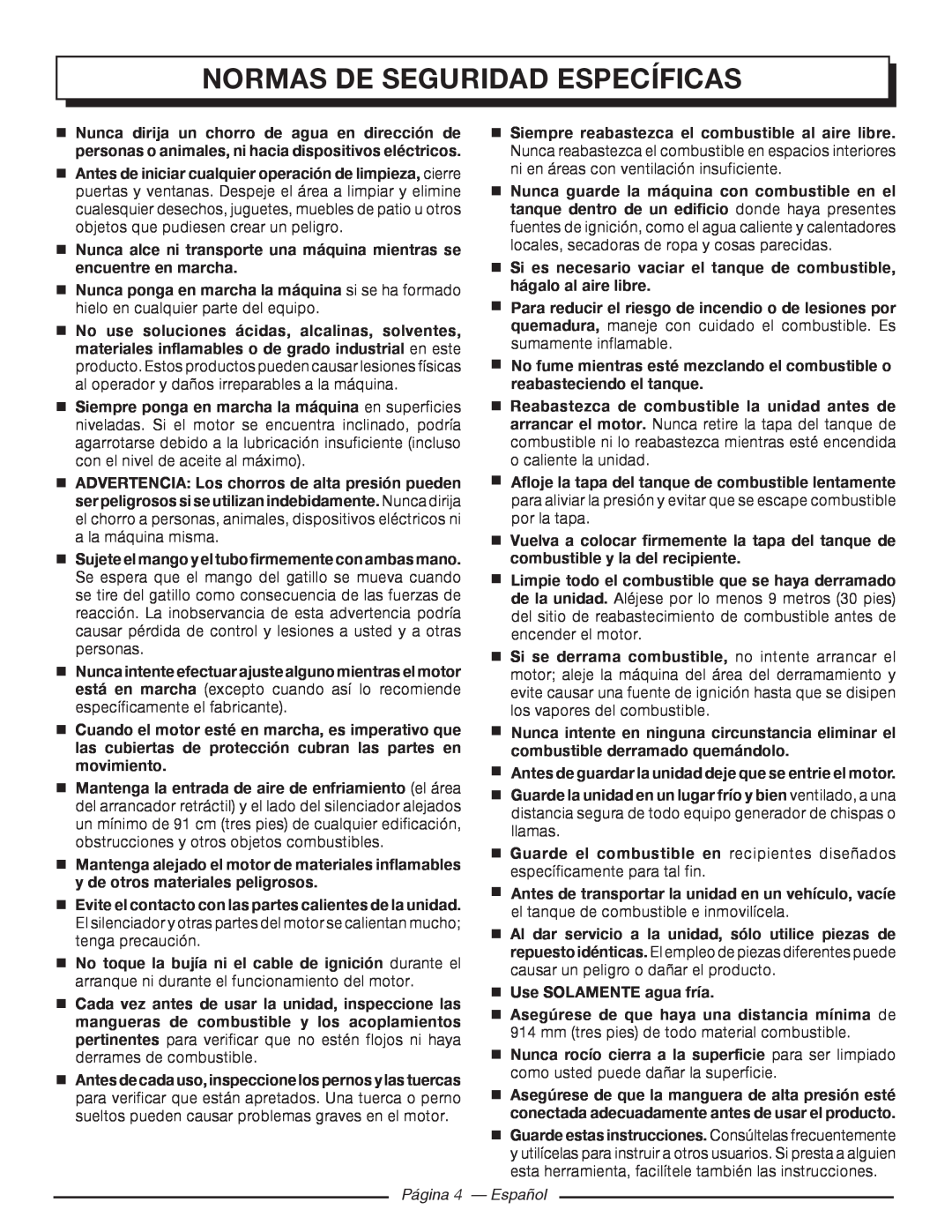 Homelite UT80993 Normas De Seguridad Específicas,  Siempre reabastezca el combustible al aire libre, Página 4 - Español 