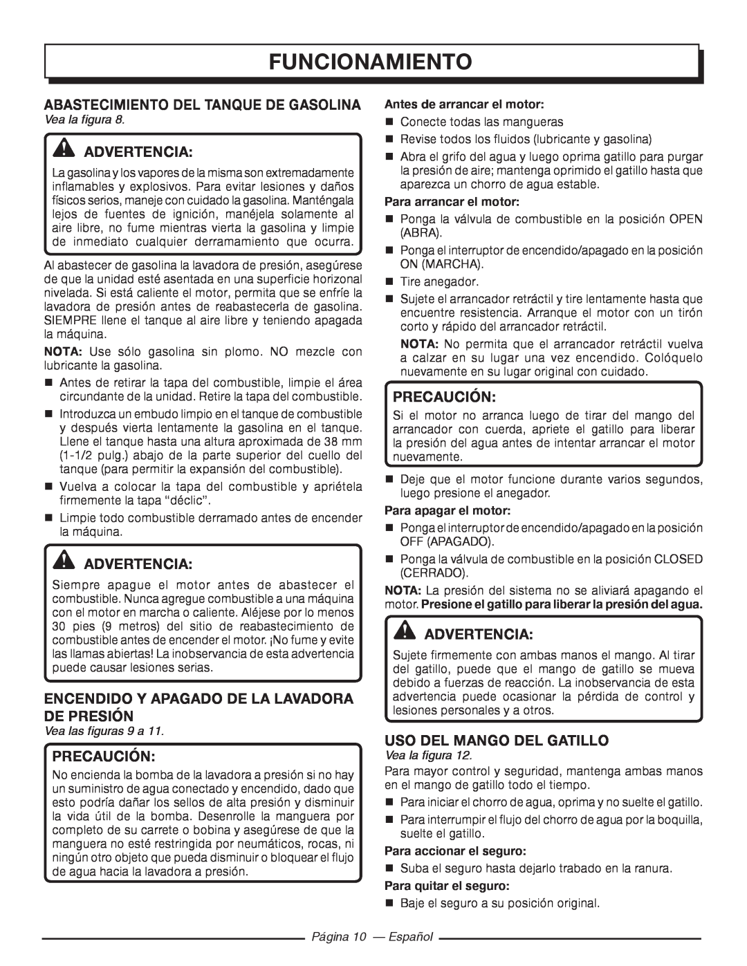 Homelite UT80993 Funcionamiento, Abastecimiento Del Tanque De Gasolina, Advertencia, Precaución, Uso Del Mango Del Gatillo 