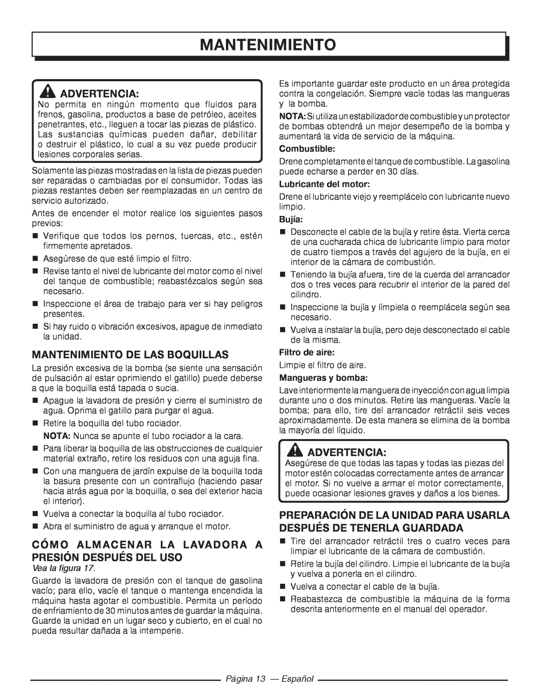 Homelite UT80993 Advertencia, Mantenimiento De Las Boquillas, Cómo Almacenar La Lavadora A Presión Después Del Uso 