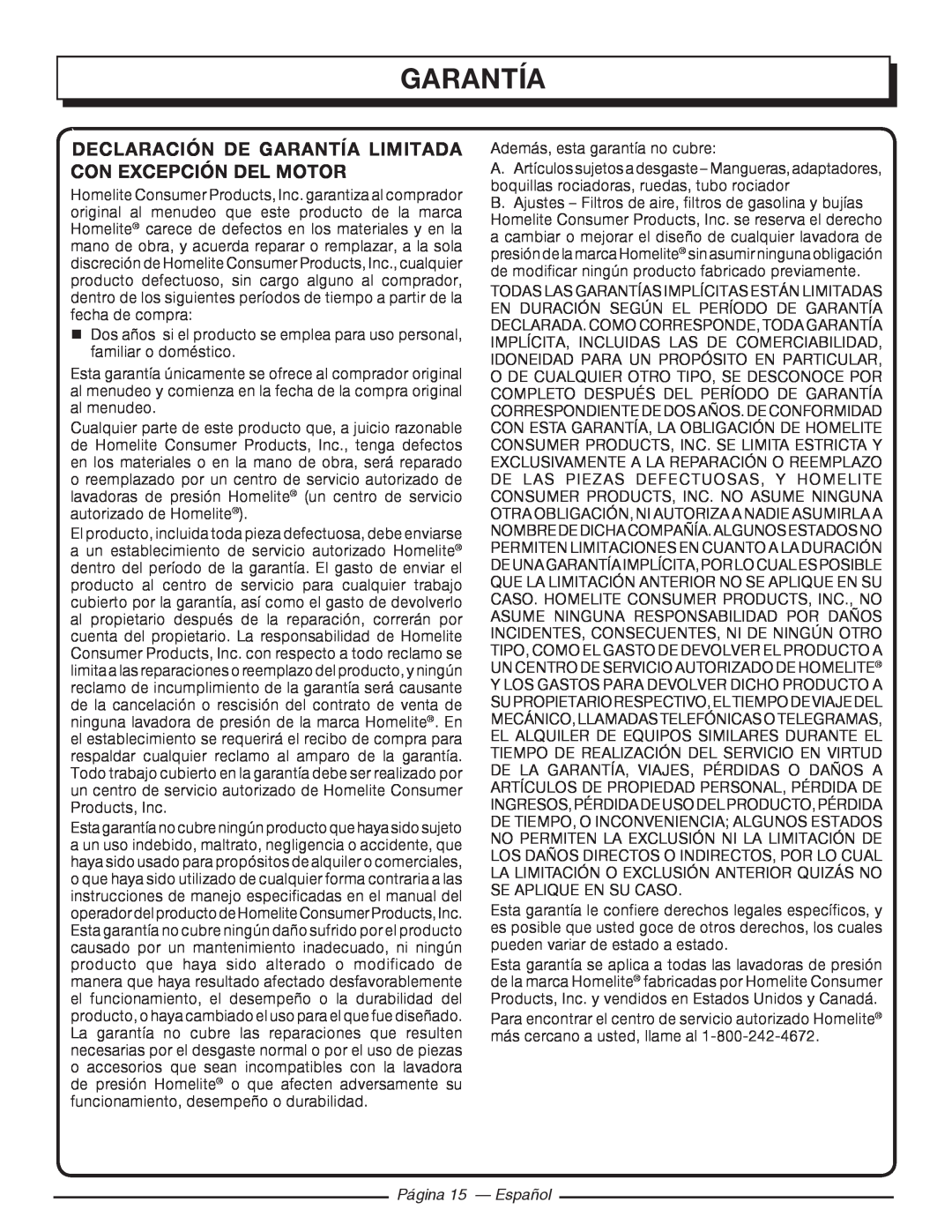 Homelite UT80993 manuel dutilisation Declaración De Garantía Limitada Con Excepción Del Motor, Página 15 - Español 