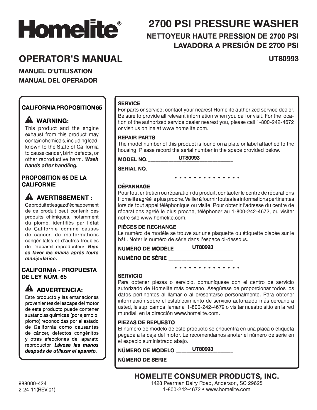 Homelite UT80993 Psi Pressure Washer, Operator’S Manual, LAVADORA A PRESIÓN DE 2700 PSI, Homelite Consumer Products, Inc 