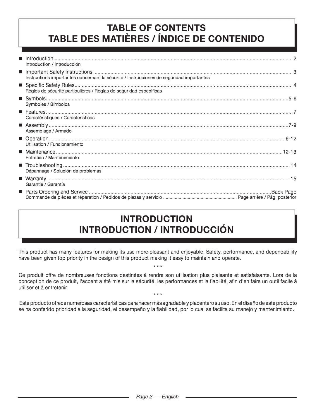 Homelite UT80993 Table Of Contents Table Des Matières / Índice De Contenido, Introduction Introduction / Introducción 