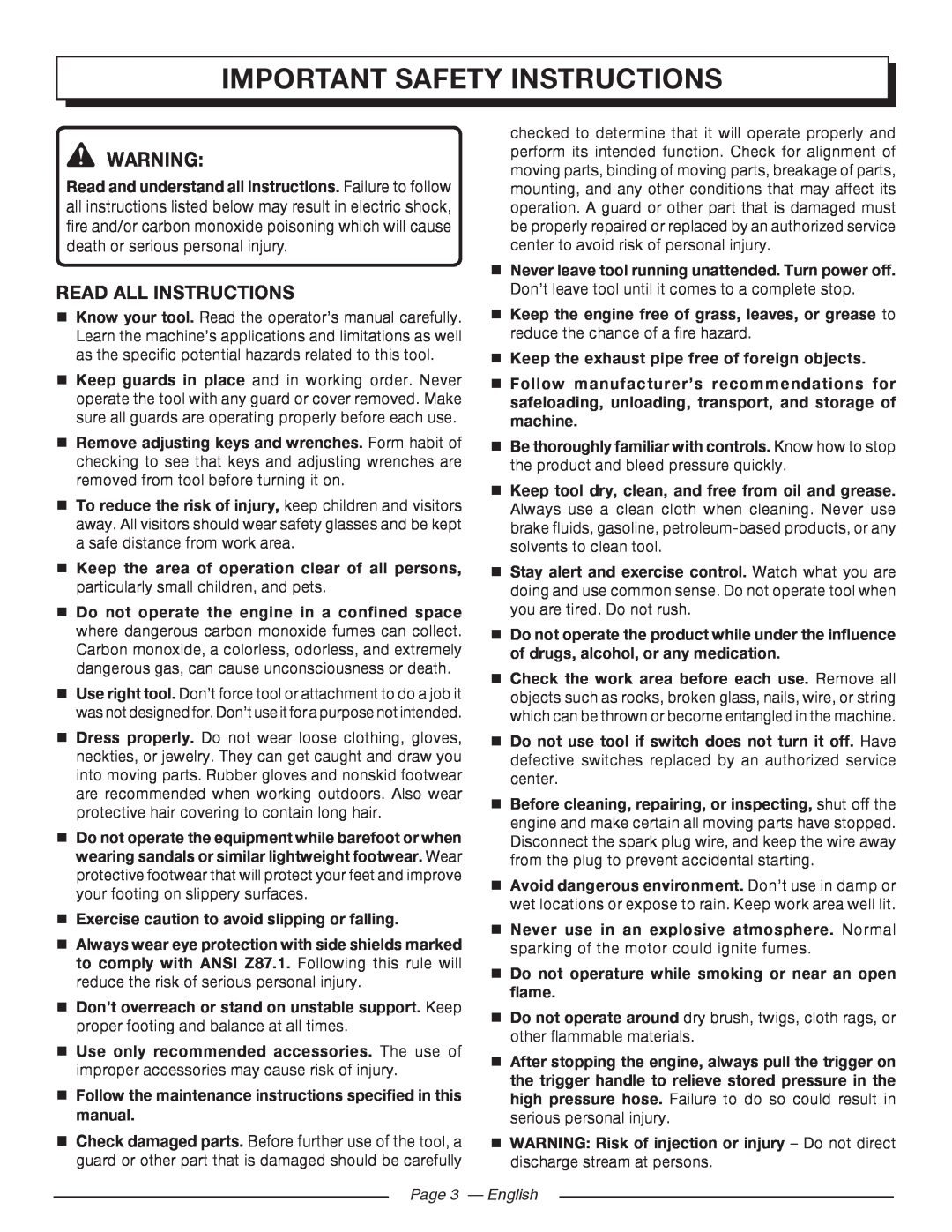 Homelite UT80993 Important Safety Instructions, Read All Instructions,  Exercise caution to avoid slipping or falling 
