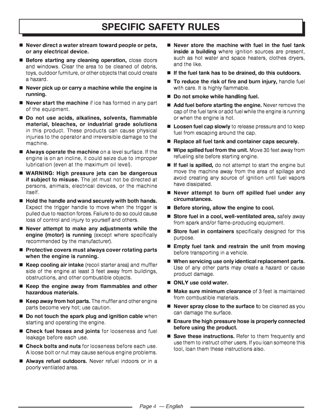 Homelite UT80993 Specific Safety Rules,  Never pick up or carry a machine while the engine is running, Page 4 - English 