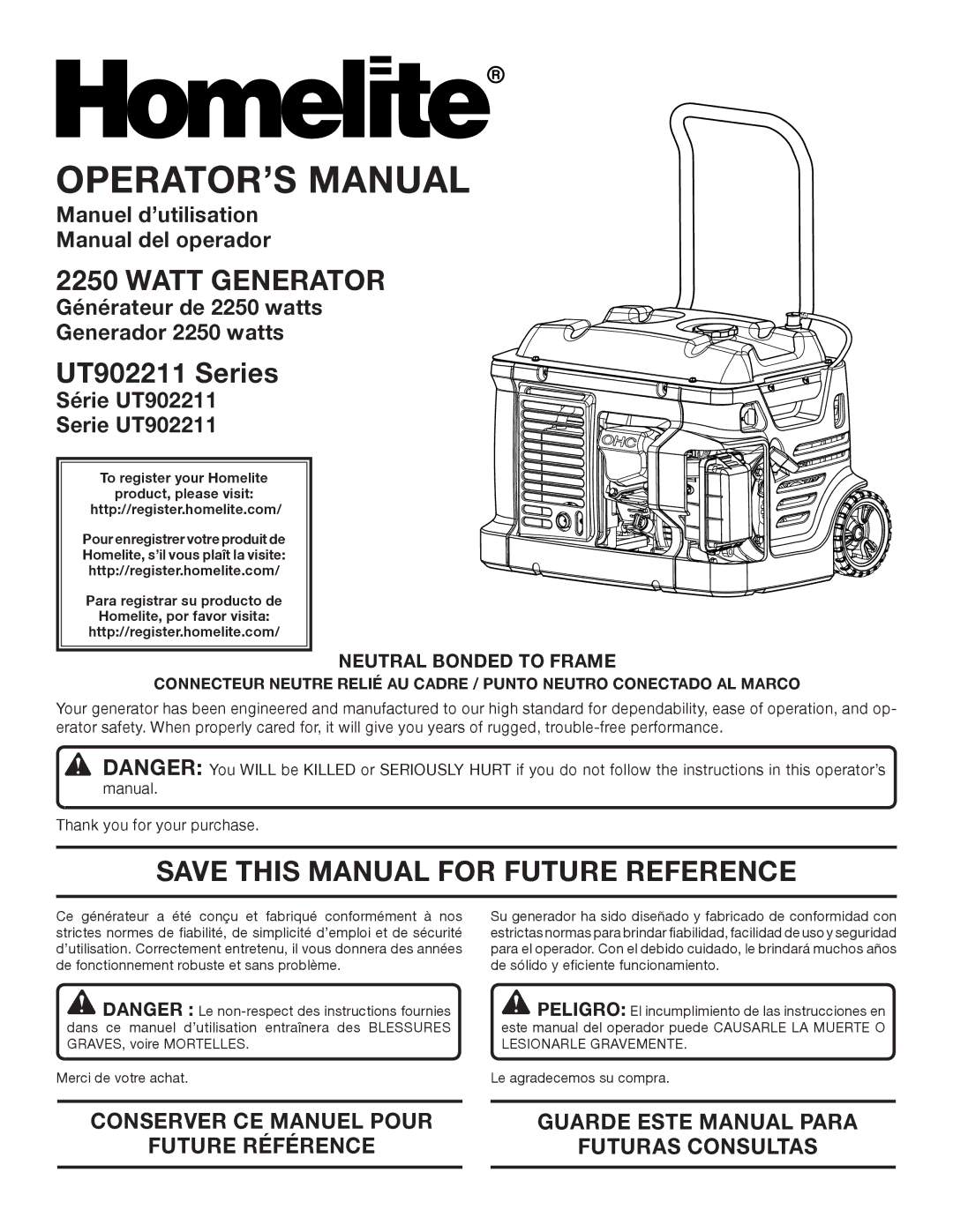 Homelite UT902211 manuel dutilisation Watt Generator, Save this Manual for Future Reference, Neutral Bonded to Frame 