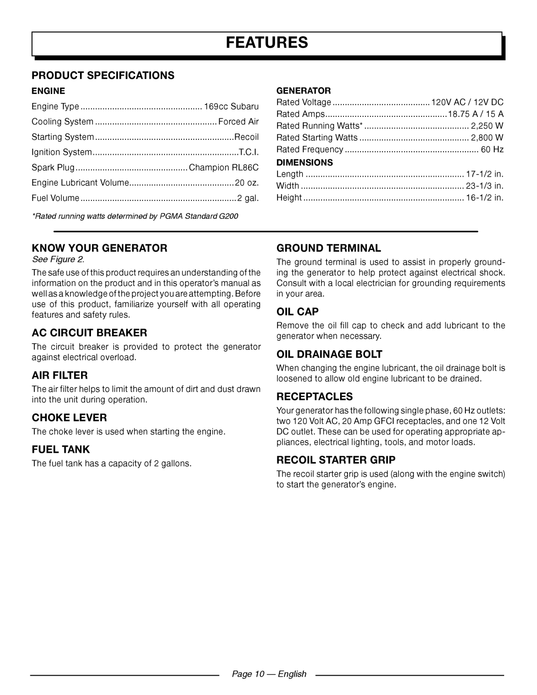 Homelite UT902211 manuel dutilisation Features 