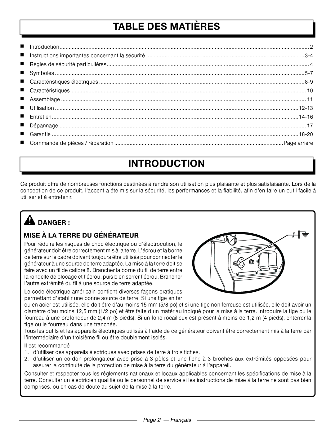 Homelite UT902211 manuel dutilisation Table DES Matières, Mise À LA Terre DU Générateur, Arrière, Français 