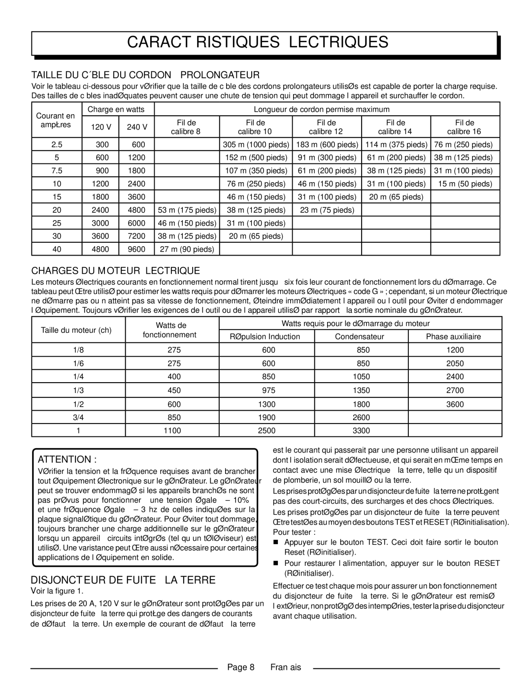 Homelite UT902211 Caractéristiques Électriques, Disjoncteur DE Fuite À LA Terre, Taille DU Câble DU Cordon Prolongateur 