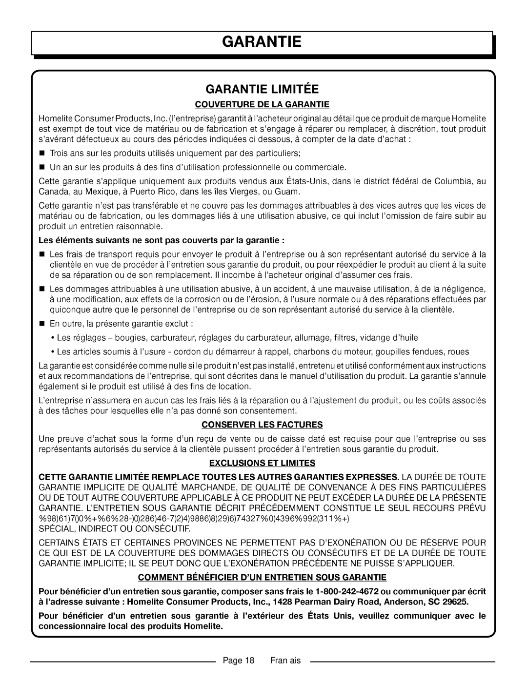 Homelite UT902211 Couverture DE LA Garantie, Conserver LES Factures, Comment Bénéficier D’UN Entretien Sous Garantie 