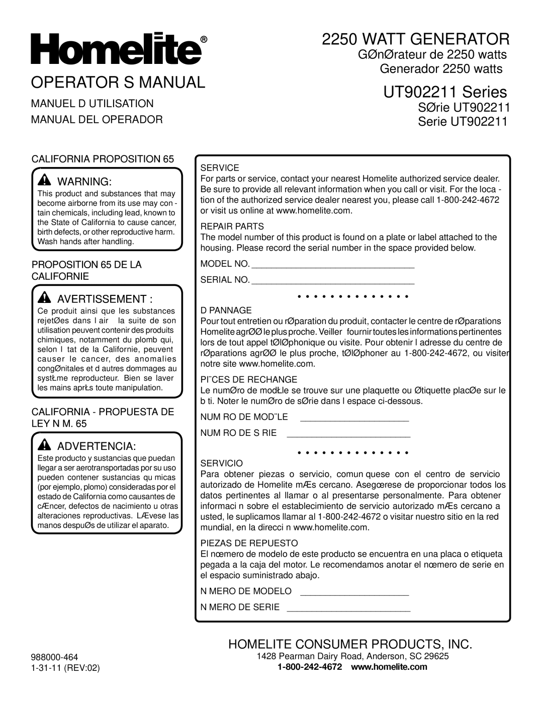 Homelite UT902211 manuel dutilisation OPERATOR’S Manual, Manuel D’UTILISATION, Manual DEL Operador, Avertissement  