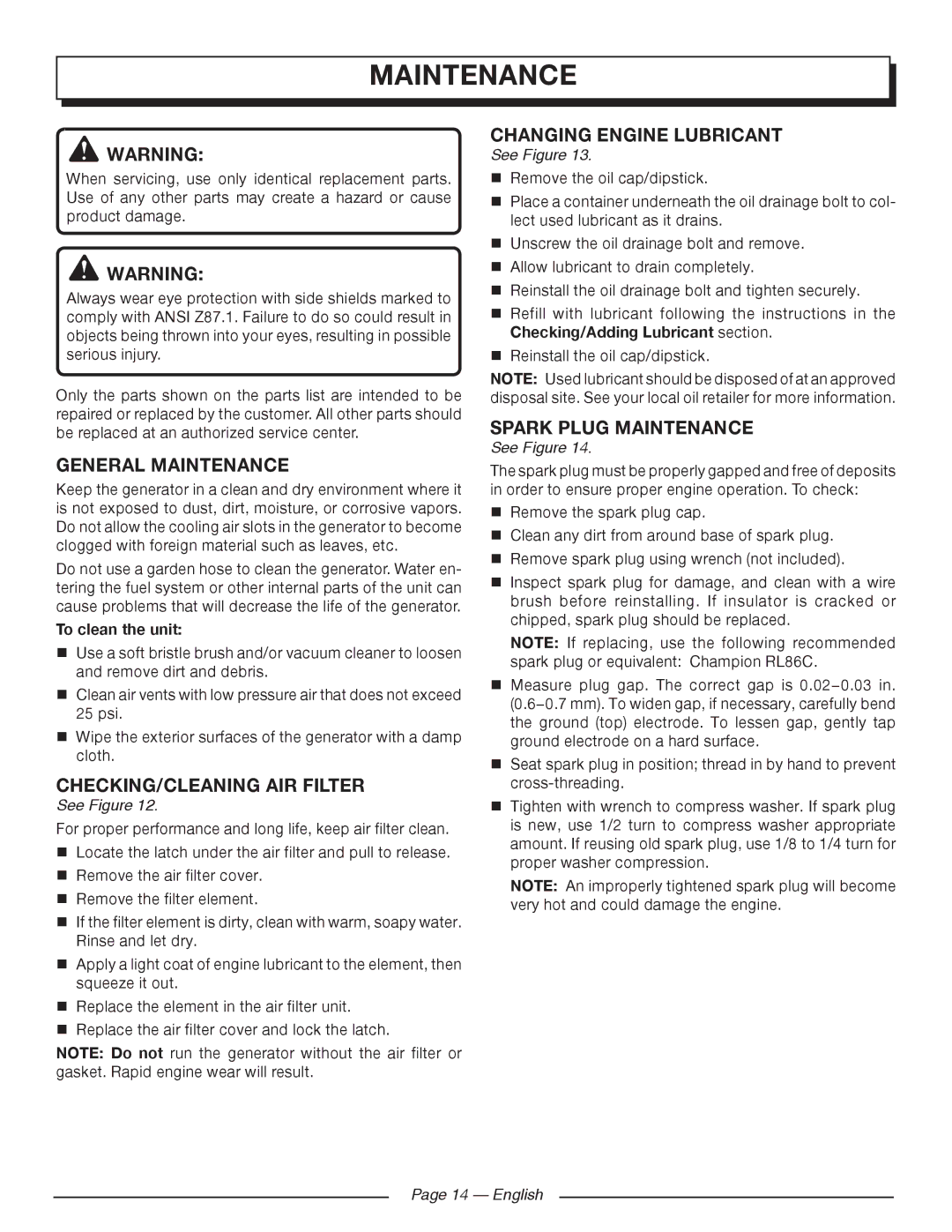 Homelite UT902250 General Maintenance, CHECKING/CLEANING AIR Filter, Changing Engine Lubricant, Spark Plug Maintenance 