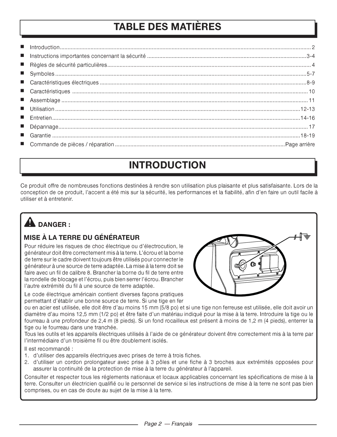 Homelite UT902250 manuel dutilisation Table DES Matières, Mise À LA Terre DU Générateur, Arrière, Français 