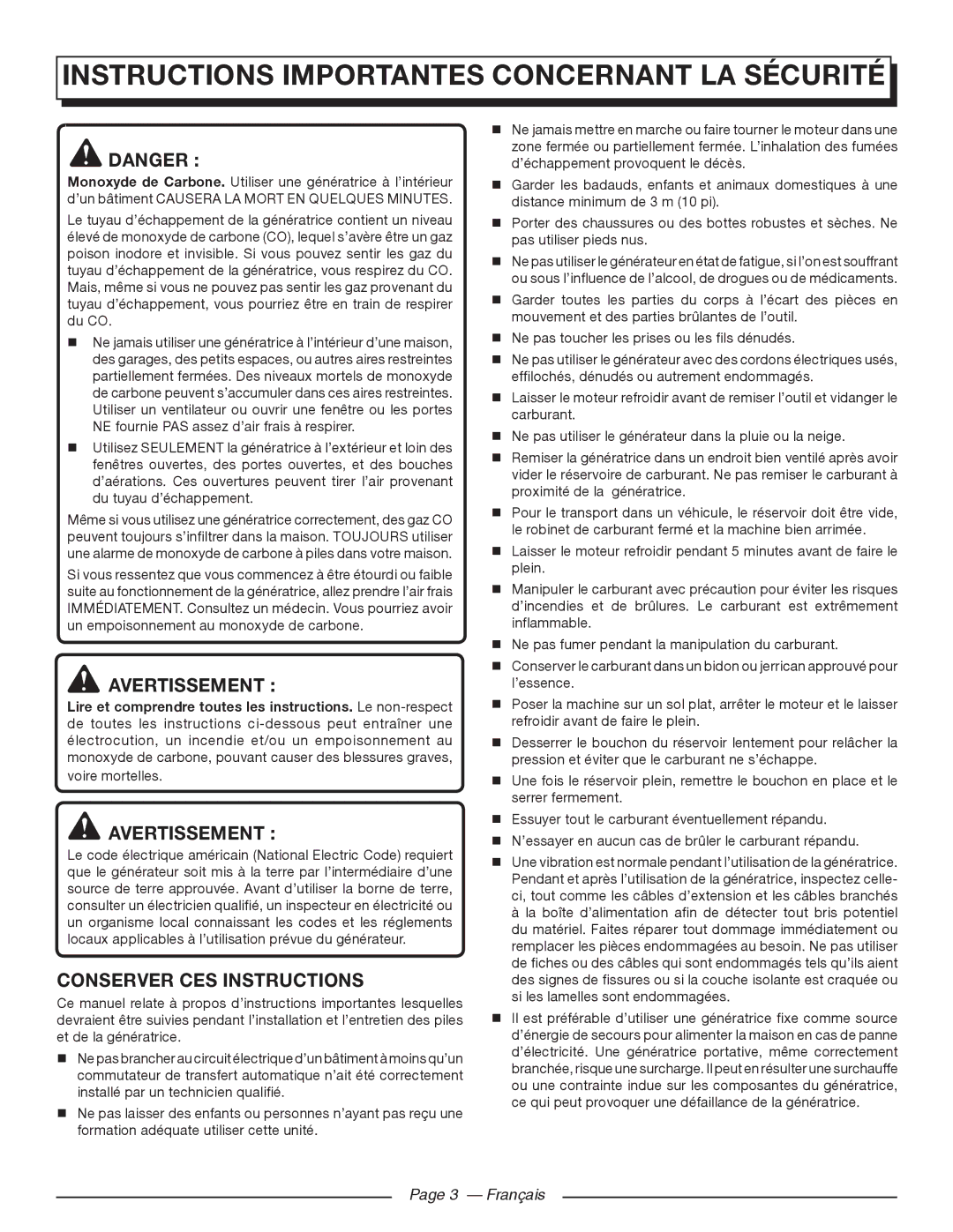 Homelite UT902250 Instructions Importantes Concernant LA Sécurité, Avertissement, Conserver CES Instructions, Français 