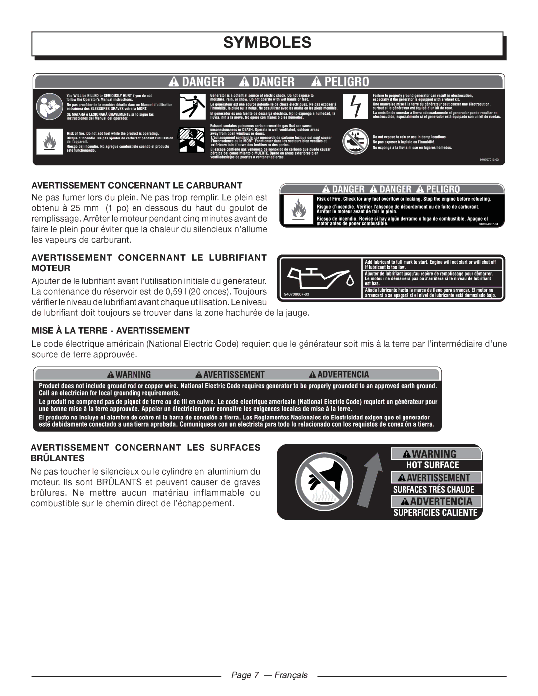 Homelite UT902250 Avertissement Concernant LE Carburant, Avertissement Concernant LE Lubrifiant Moteur, Français 