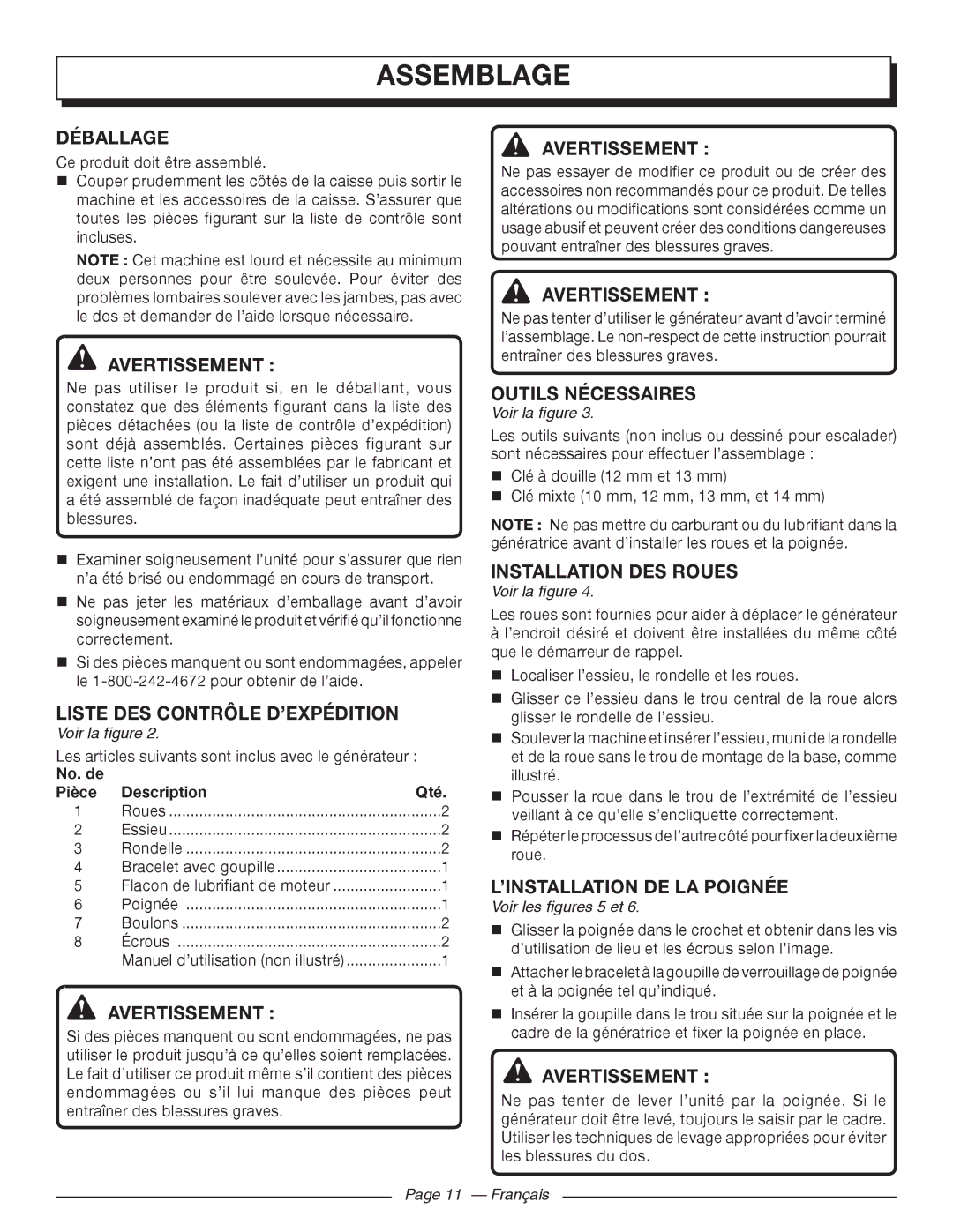 Homelite UT902250 manuel dutilisation Assemblage, Outils Nécessaires, Installation DES Roues, ’INSTALLATION DE LA Poignée 