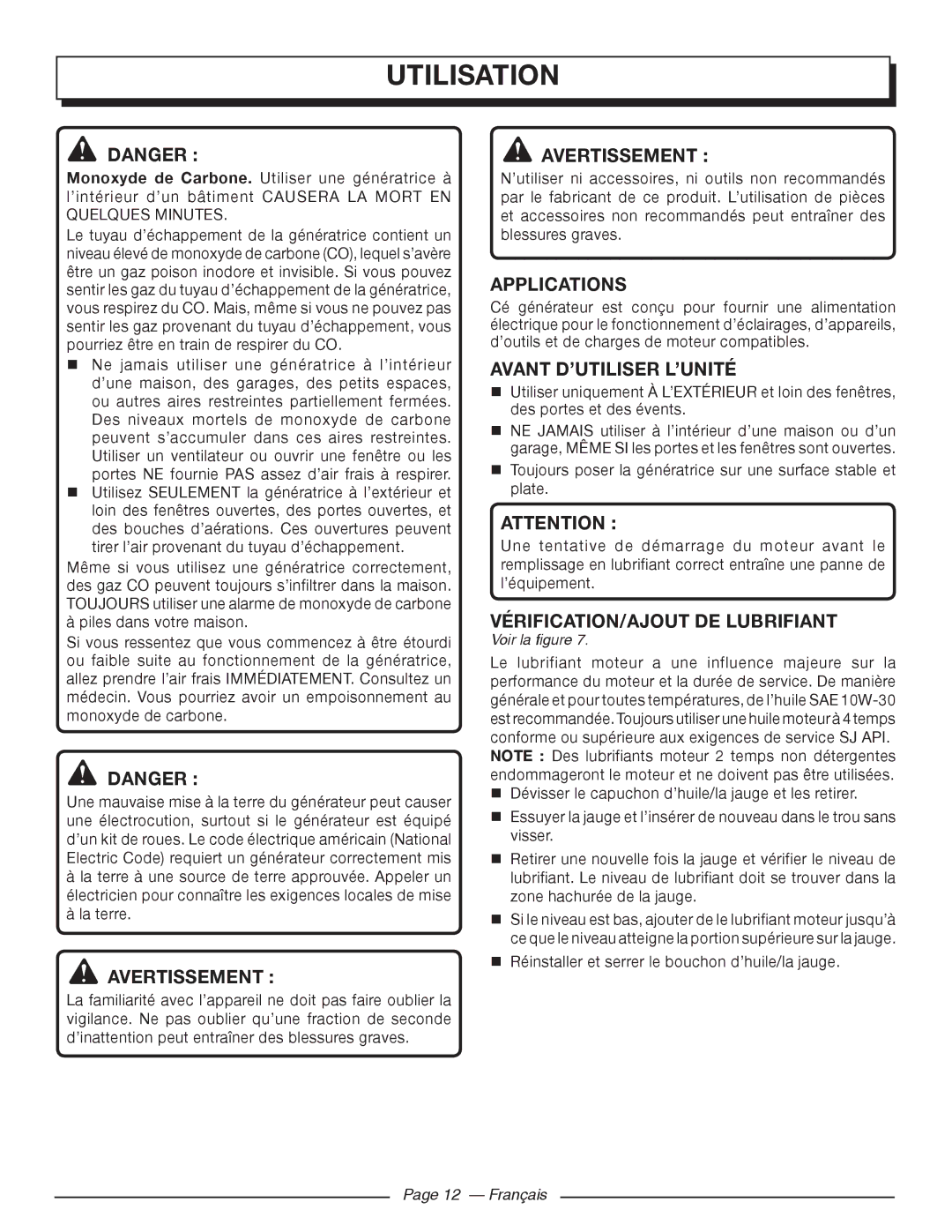 Homelite UT902250 manuel dutilisation Utilisation, Avant D’UTILISER L’UNITÉ, VÉRIFICATION/AJOUT DE Lubrifiant, Français 