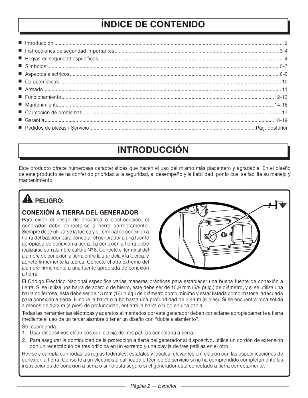 Homelite UT902250 Índice DE Contenido, Introducción, Peligro Conexión a Tierra DEL Generador, Pág. posterior 