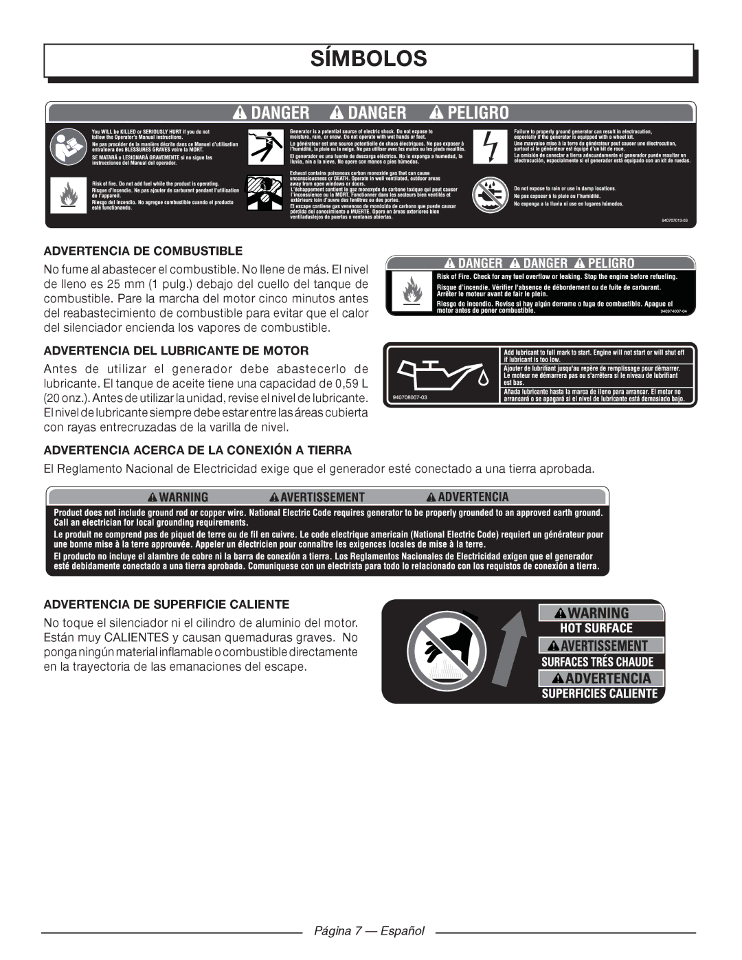 Homelite UT902250 Advertencia DE Combustible, Advertencia DEL Lubricante DE Motor, Advertencia DE Superficie Caliente 