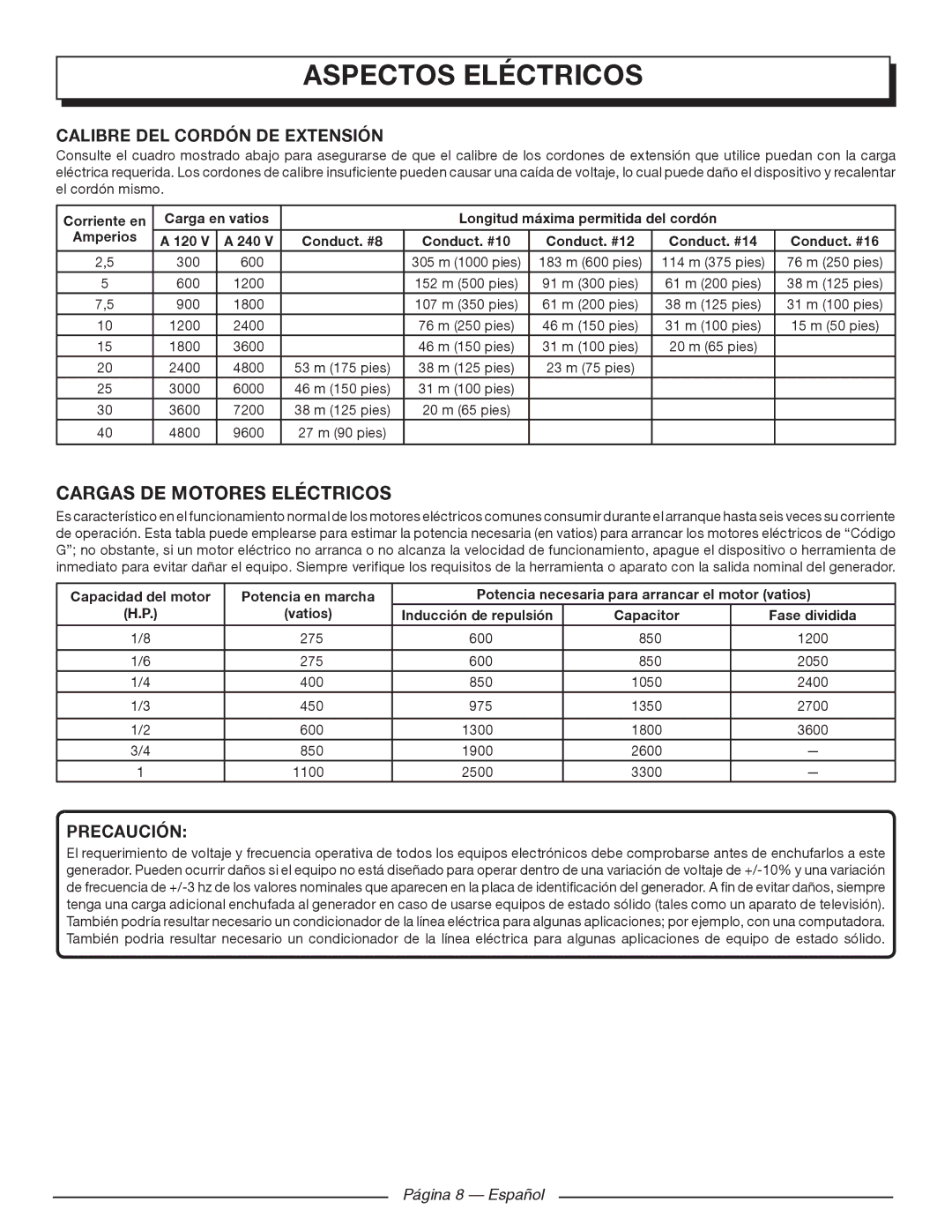 Homelite UT902250 Aspectos Eléctricos, Cargas DE Motores Eléctricos, Calibre DEL Cordón DE Extensión, Precaución 