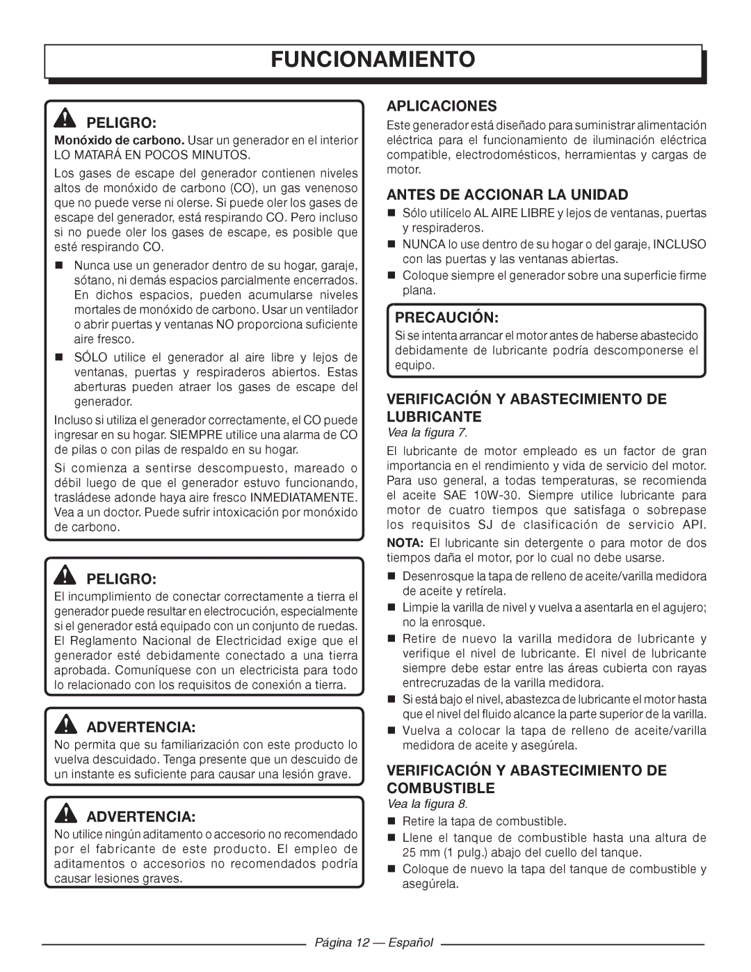 Homelite UT902250 Funcionamiento, Aplicaciones, Antes DE Accionar LA Unidad, Verificación Y Abastecimiento DE Lubricante 