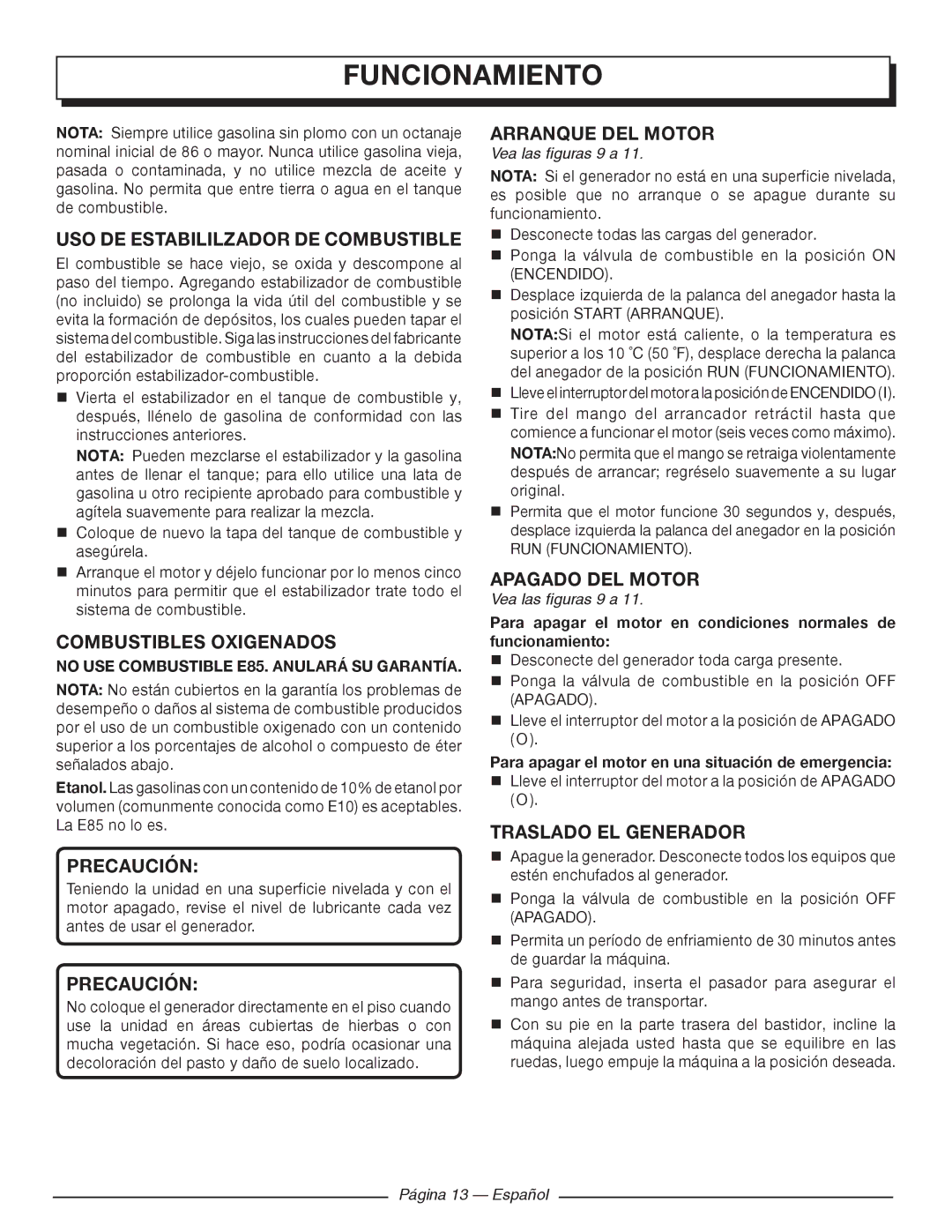 Homelite UT902250 USO DE Estabililzador DE Combustible, Combustibles Oxigenados, Arranque DEL Motor, Apagado DEL Motor 