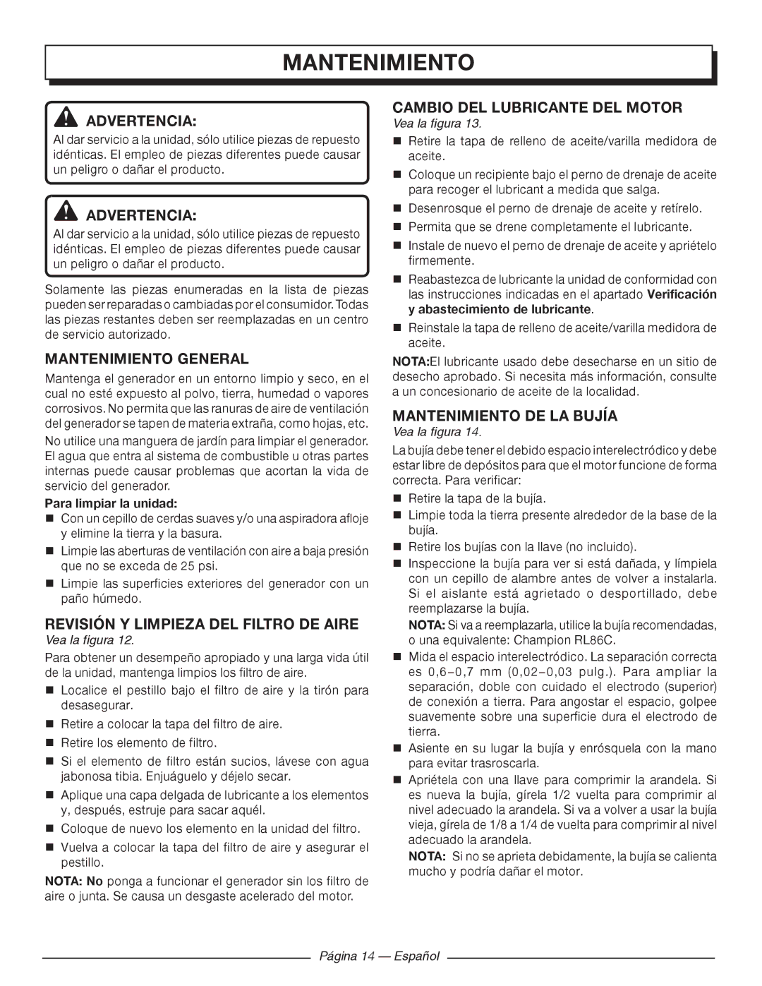 Homelite UT902250 Mantenimiento General, Revisión Y Limpieza DEL Filtro DE Aire, Cambio DEL Lubricante DEL Motor 