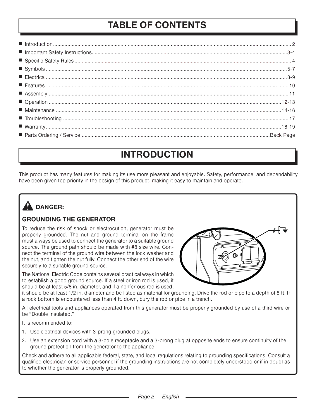 Homelite UT902250 manuel dutilisation Introduction, Table of Contents 