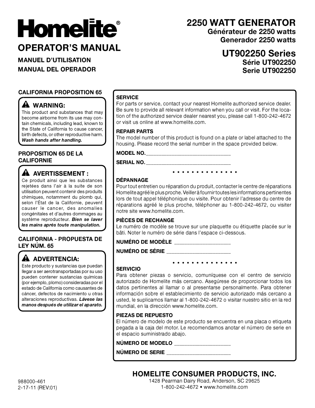 Homelite UT902250 manuel dutilisation OPERATOR’S Manual, Manuel D’UTILISATION, Manual DEL Operador, Avertissement  