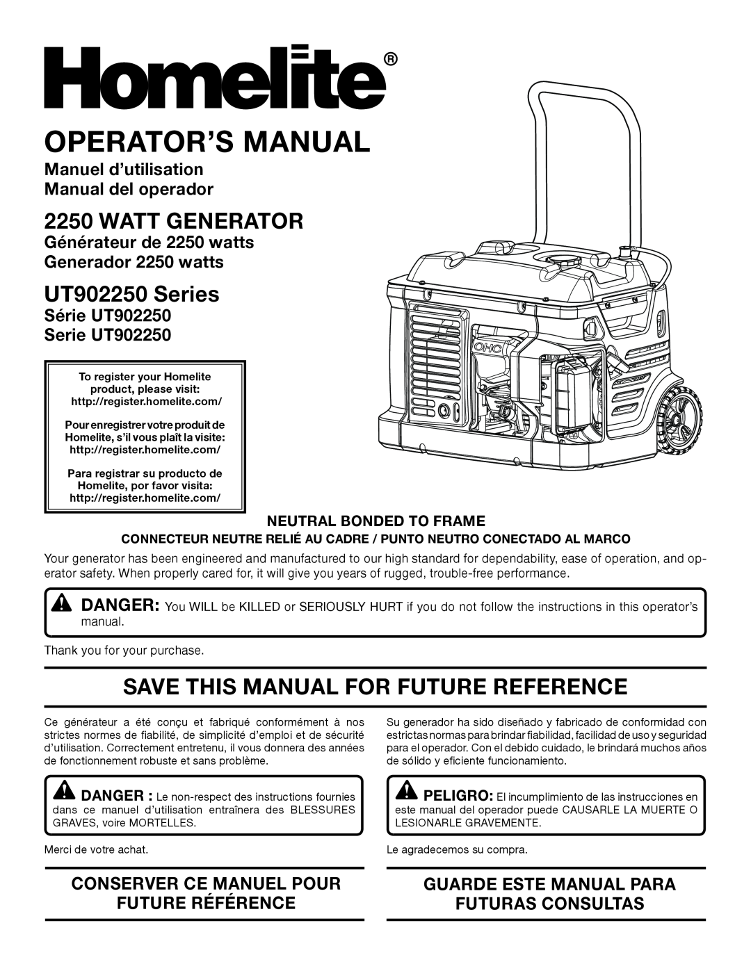 Homelite manuel dutilisation Watt Generator, UT902250 Series, Save This Manual For Future Reference, Operator’S Manual 