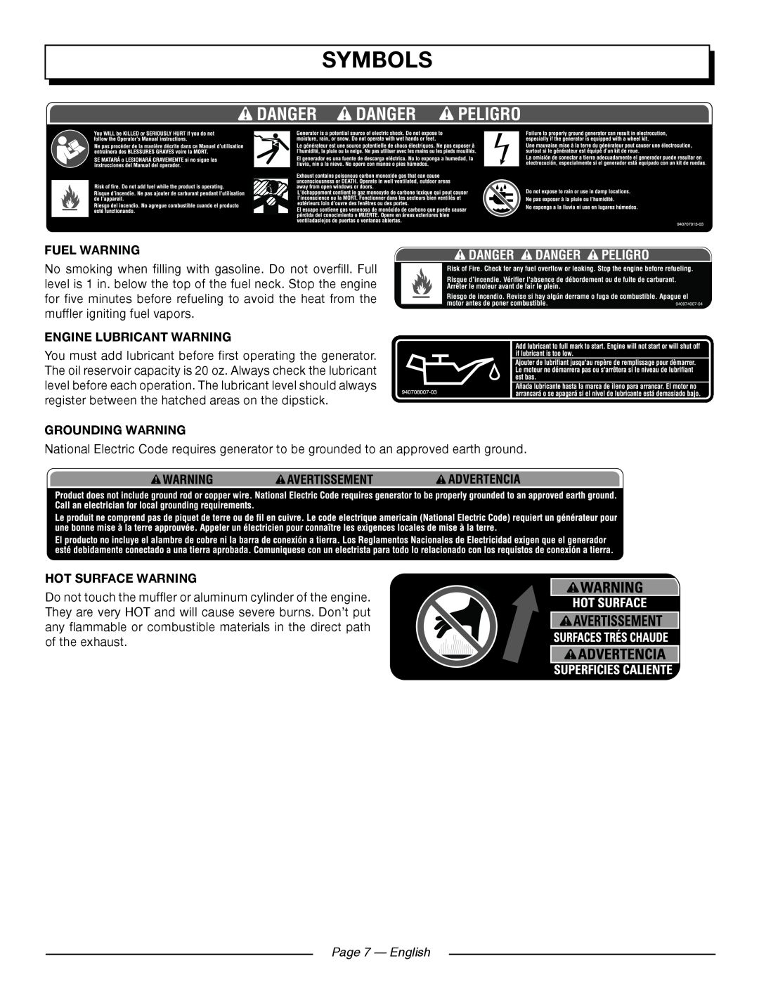 Homelite UT902250 manuel dutilisation Page 7 — English, Symbols, Fuel Warning, Engine Lubricant Warning, Grounding Warning 
