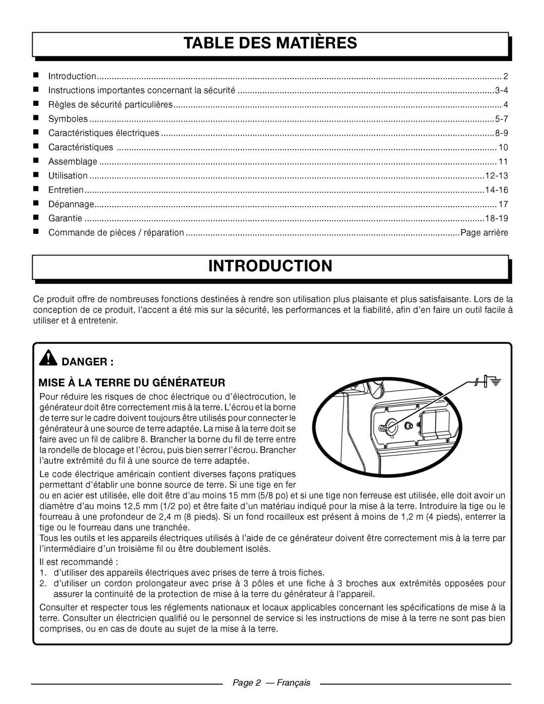 Homelite UT902250 Table Des Matières, Danger Mise À La Terre Du Générateur, Page 2 — Français, Introduction 