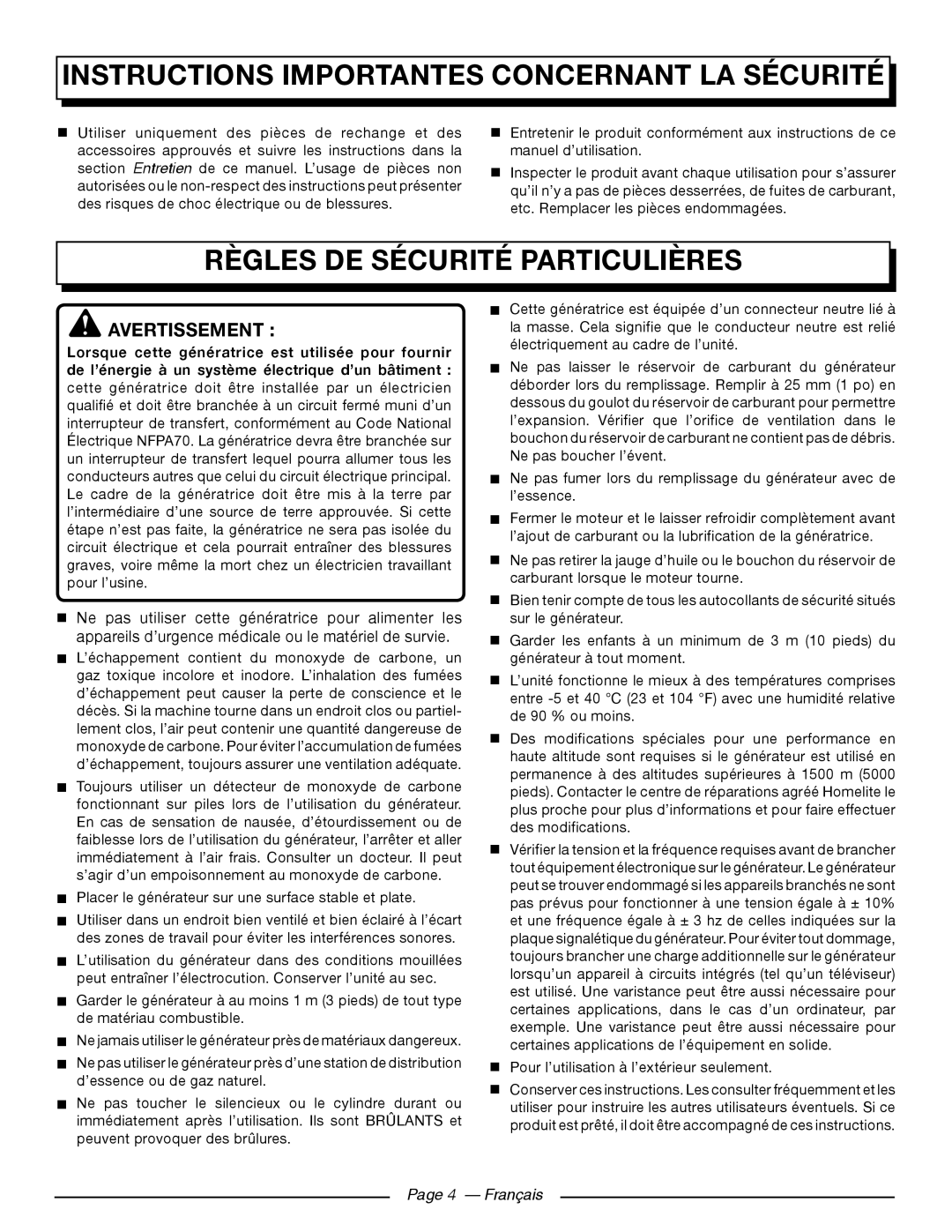 Homelite UT902250 Règles De Sécurité Particulières, Page 4 - Français, Instructions Importantes Concernant La Sécurité 
