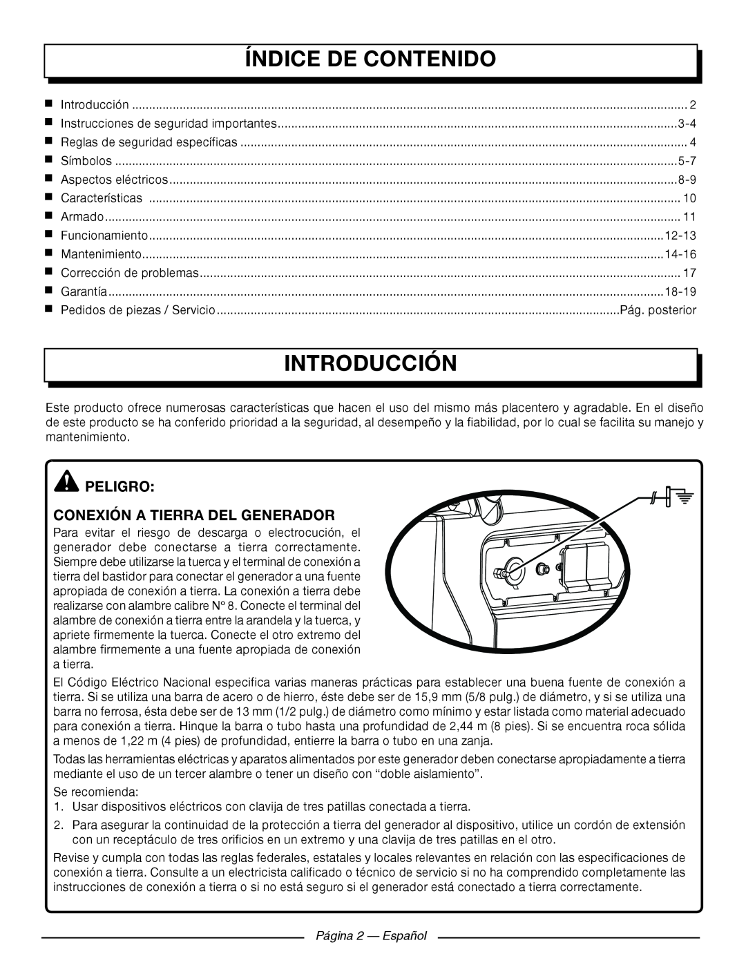 Homelite UT902250 Índice De Contenido, Introducción, Peligro Conexión A Tierra Del Generador, Página 2 — Español 