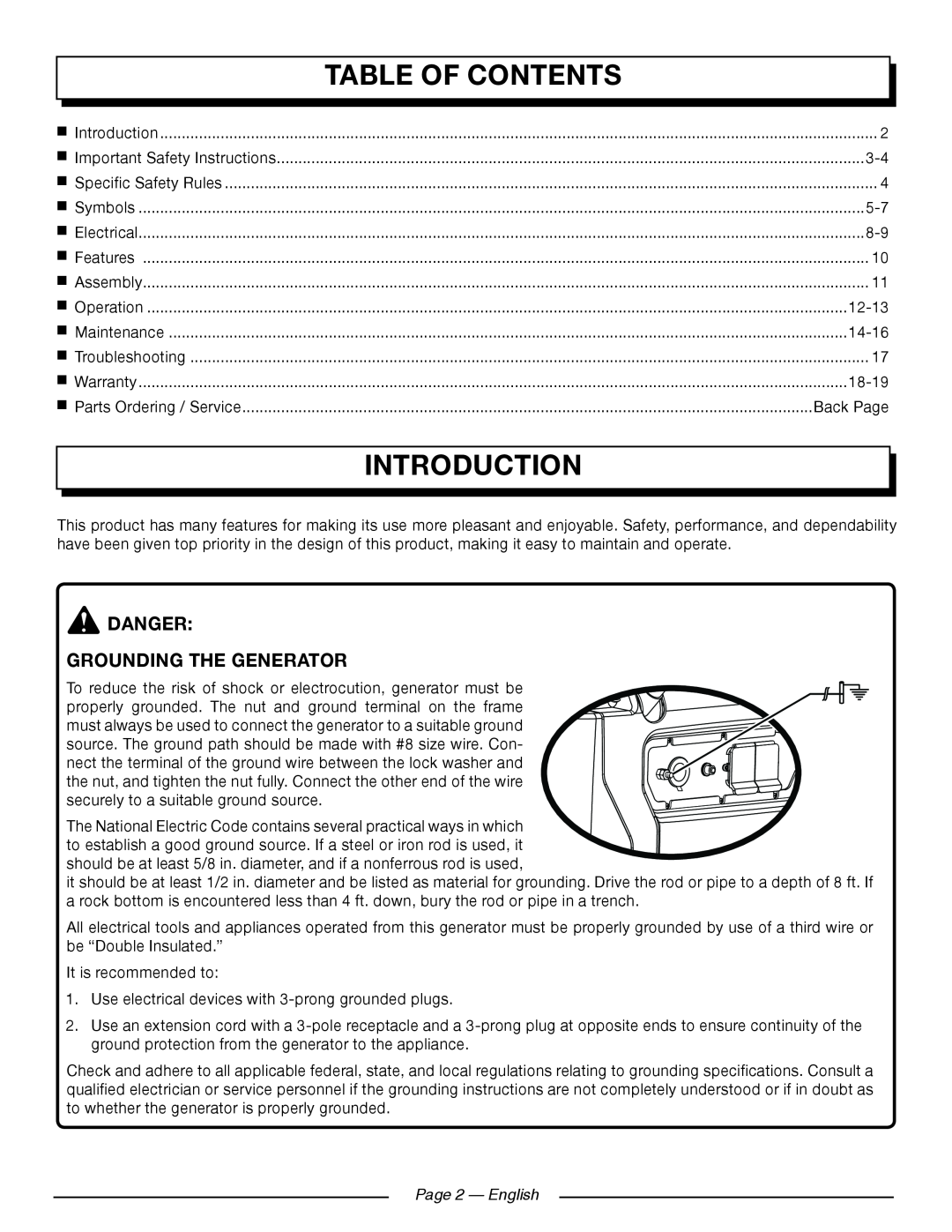 Homelite UT902250 manuel dutilisation Introduction, Table Of Contents, Danger Grounding The Generator, Page 2 — English 