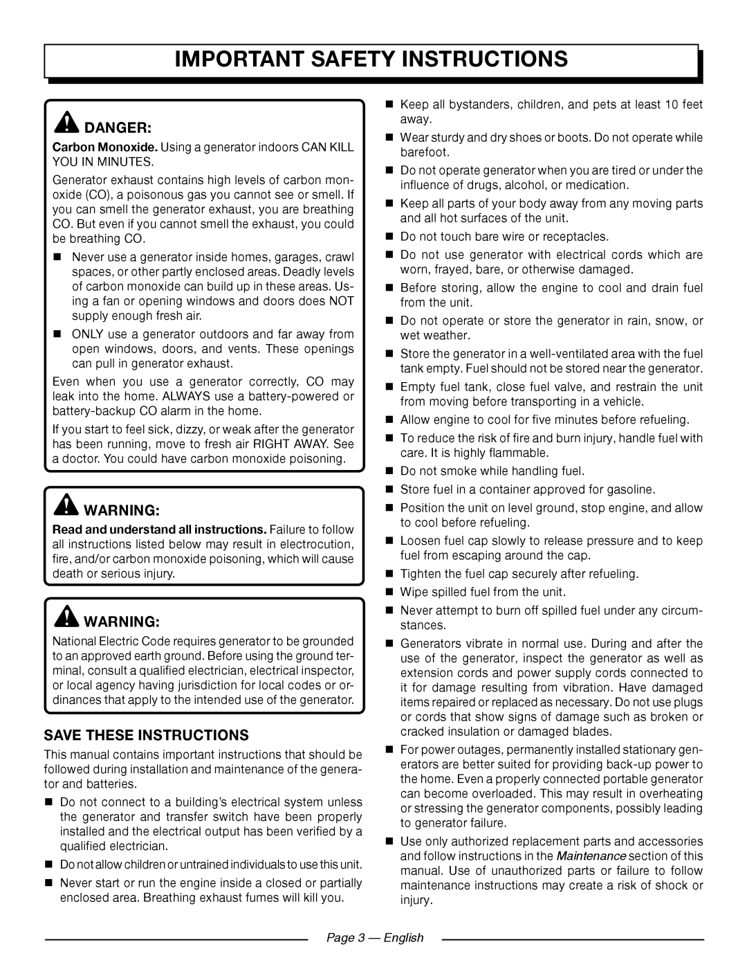 Homelite UT902250 manuel dutilisation Important Safety Instructions, Danger, Save These Instructions, Page 3 — English 