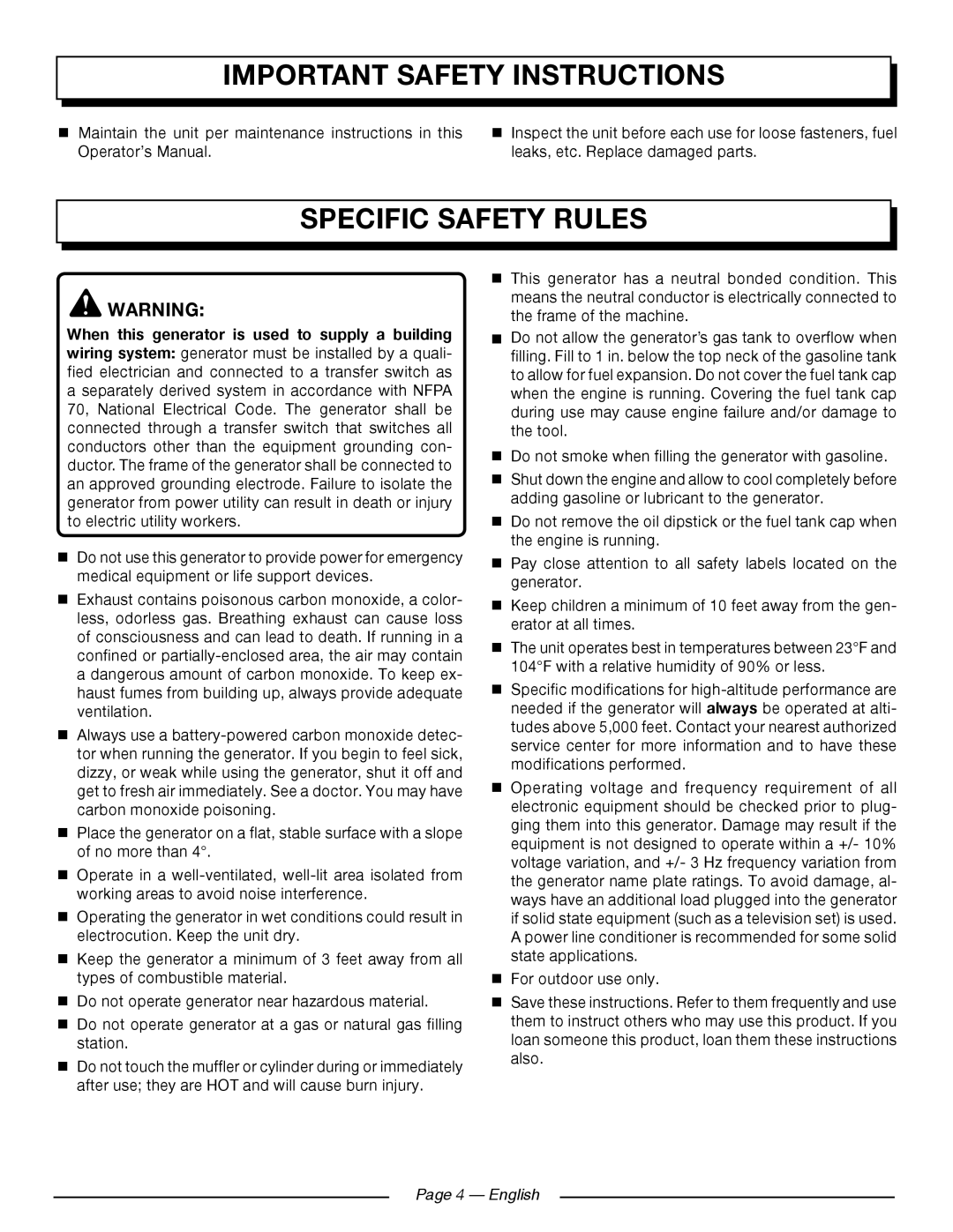Homelite UT902250 manuel dutilisation Specific Safety Rules, Page 4 — English, Important Safety Instructions 