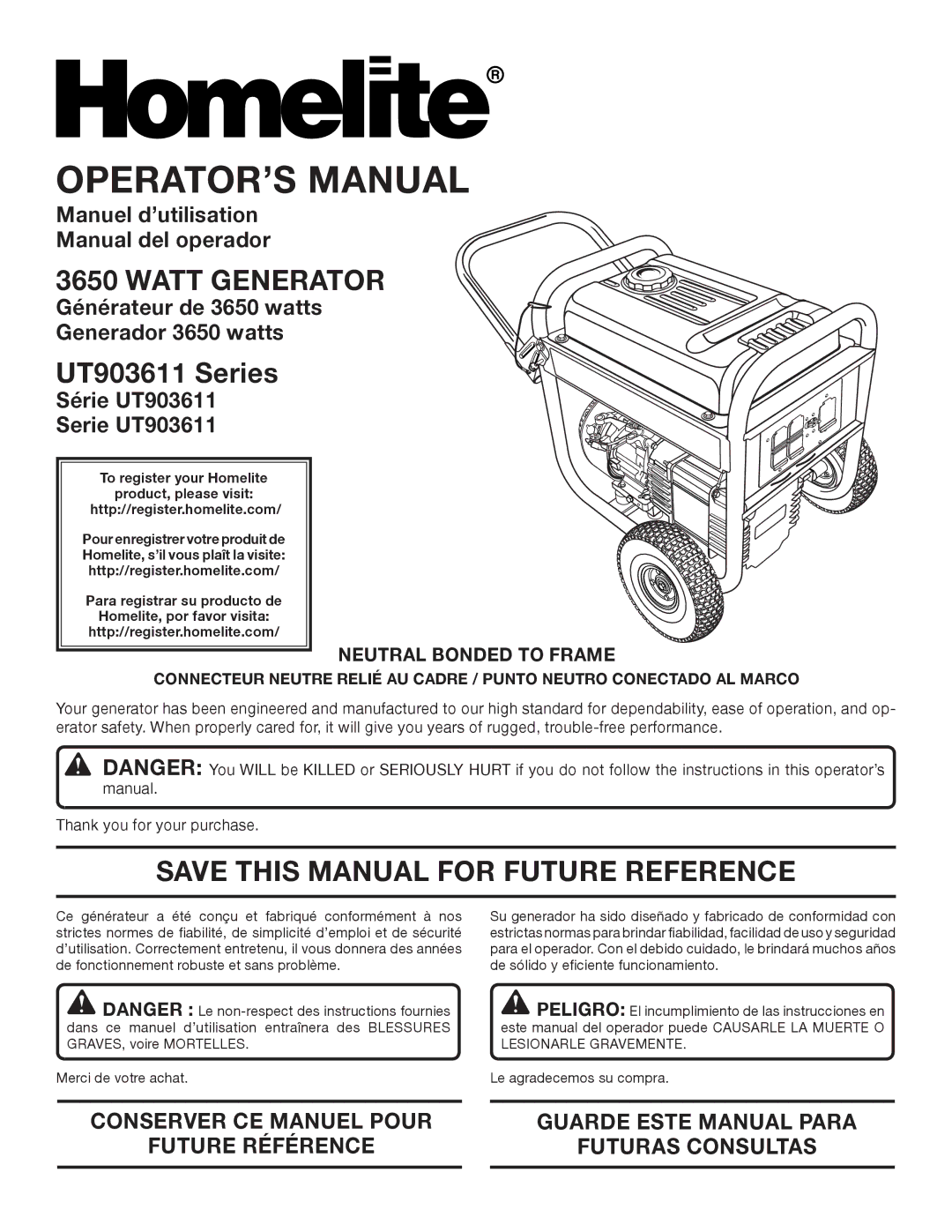 Homelite UT903611 manuel dutilisation Watt Generator, Save this Manual for Future Reference, Neutral Bonded to Frame 