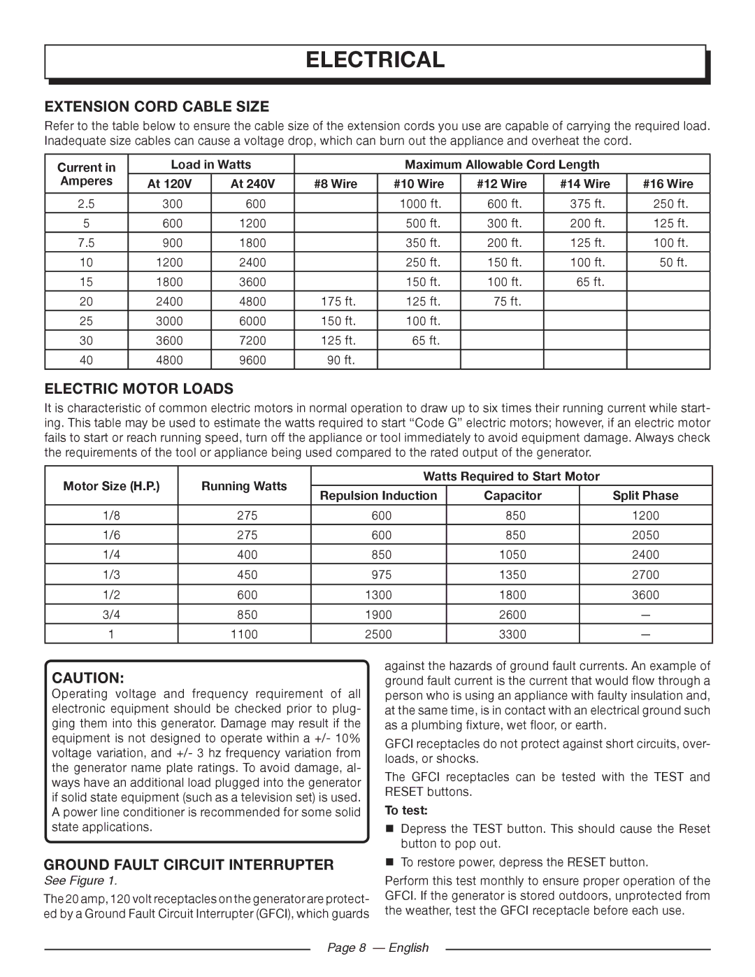 Homelite UT903611 Electrical, Extension Cord Cable Size, Electric Motor Loads, Ground Fault Circuit Interrupter 