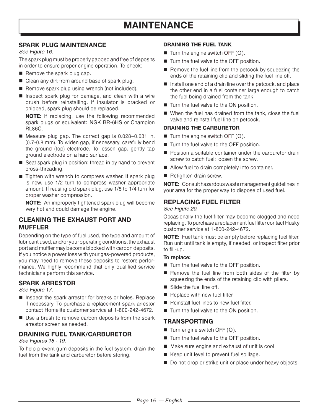 Homelite UT903611 Spark Plug Maintenance, Cleaning the Exhaust Port and Muffler, Spark Arrestor, Replacing Fuel Filter 