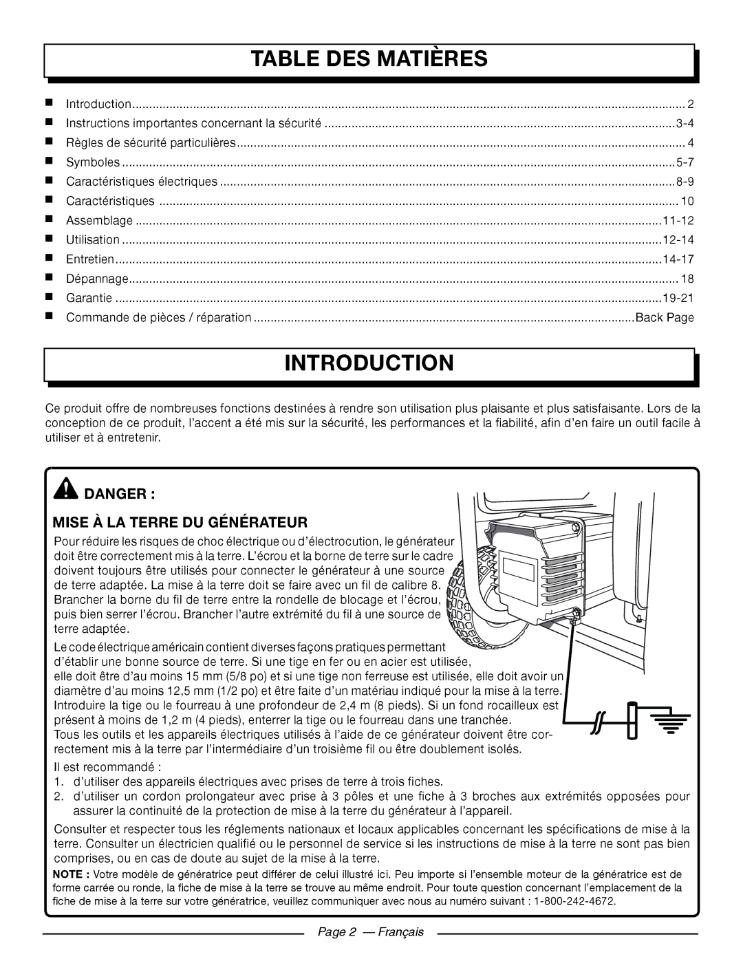 Homelite UT903611 manuel dutilisation Table DES Matières, Mise À LA Terre DU Générateur, Français 