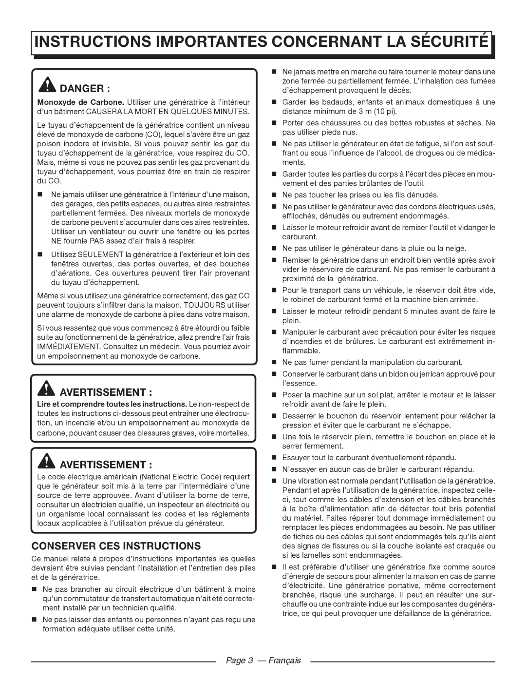 Homelite UT903611 Instructions Importantes Concernant LA Sécurité, Avertissement, Conserver CES Instructions, Français 