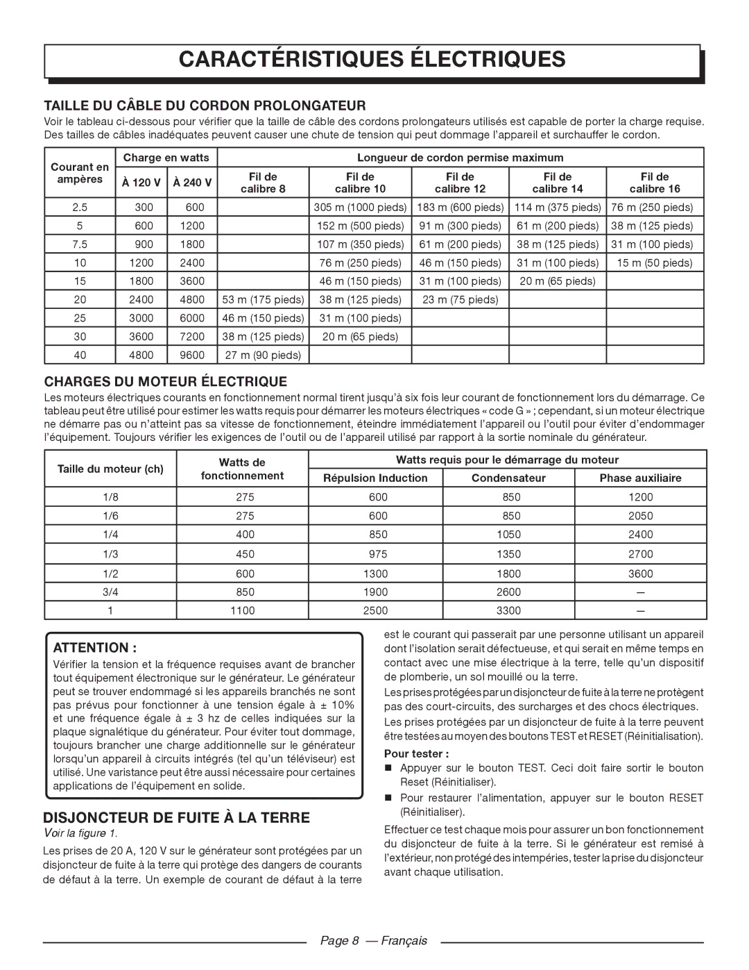 Homelite UT903611 Caractéristiques Électriques, Disjoncteur DE Fuite À LA Terre, Taille DU Câble DU Cordon Prolongateur 