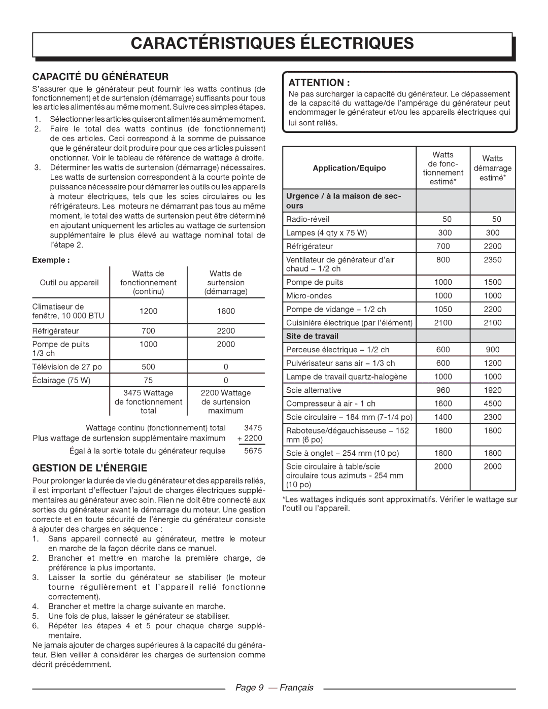 Homelite UT903611 manuel dutilisation Capacité DU Générateur, Gestion DE L’ÉNERGIE, Français 