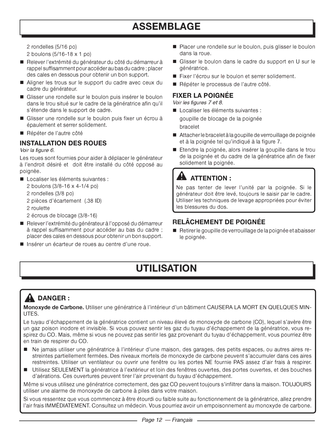 Homelite UT903611 manuel dutilisation Utilisation, Installation DES Roues, Fixer LA Poignée, Relâchement DE Poignée 