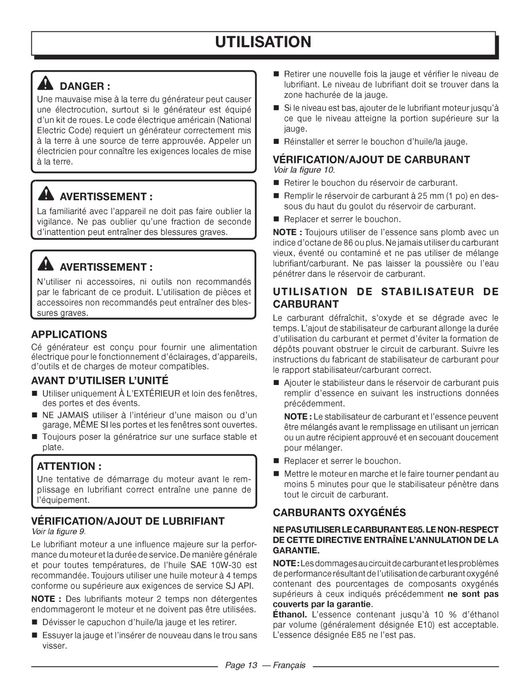 Homelite UT903611 Avant D’UTILISER L’UNITÉ, VÉRIFICATION/AJOUT DE Carburant, Utilisation DE Stabilisateur DE Carburant 