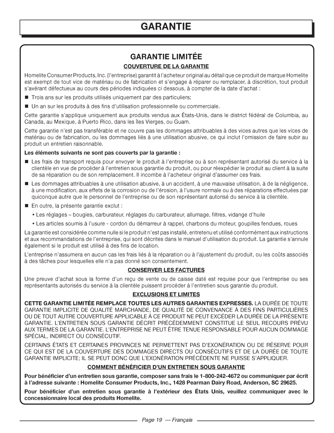 Homelite UT903611 Couverture DE LA Garantie, Conserver LES Factures, Comment Bénéficier D’UN Entretien Sous Garantie 