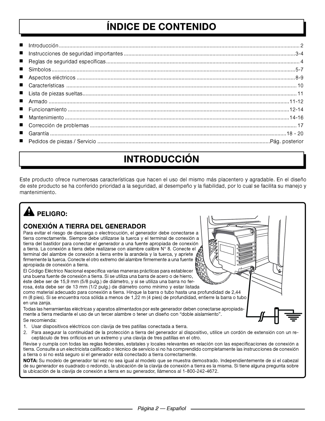 Homelite UT903611 Índice DE Contenido, Introducción, Peligro Conexión a Tierra DEL Generador, Página 2 Español 